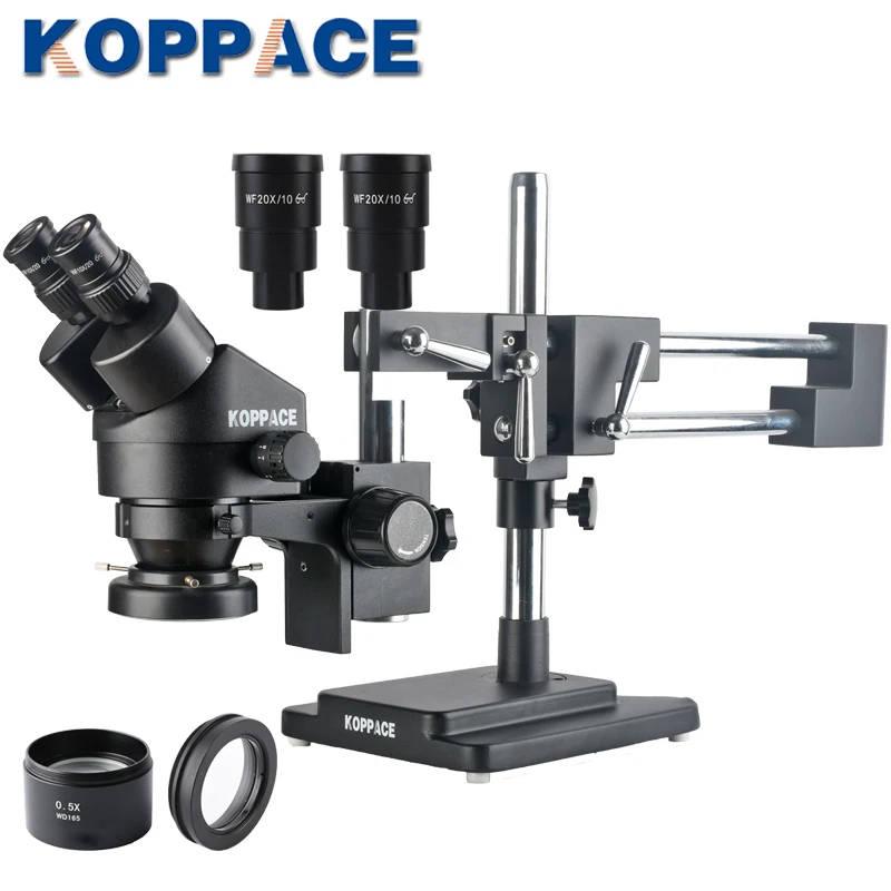 KOPPACE 3.5X-90X Binocular Stereo Microscope Double-Arm Boom Stand Mobile Phone Repair Microscope 144 LED Ring Light