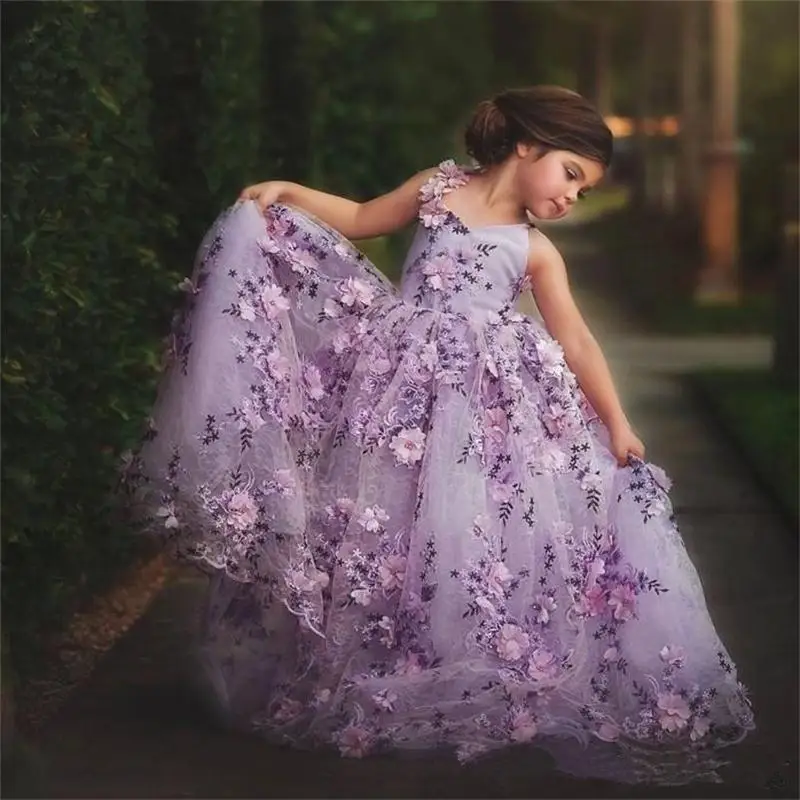 Lavendel Kant Bloem Meisje Jurken 3D Bloemen Applique Tulle Een Line Floor Lengte Girls 'Formele Verjaardagsfeestje Pageant Jurk