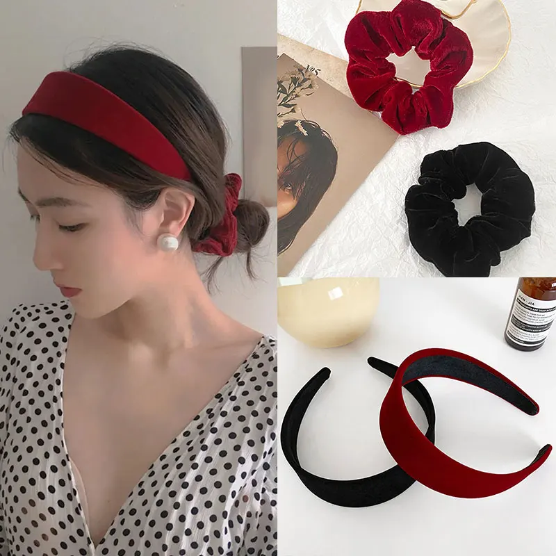 Korea Women Velvet Headband Hair Accessories for Girls Headdress Fashion Black Red Hair Bands Solid Color Bezel Wide Hair Hoop