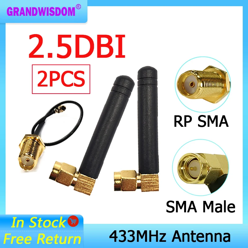 GWS 2pcs 433mhz little Antenna 2.5dbi sma male lora antene and ipex 1/SMA female pigtail Extension Cable for IOT RF Lorawan