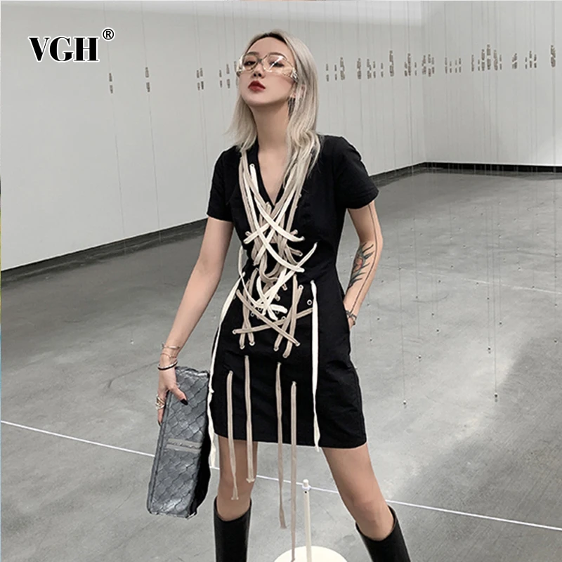 

VGH Sexy Patchwork Cross Bandage Dress For Women V Neck Short Sleeve Drawstring Slim Dresses Female 2021 Clothing Fashion New