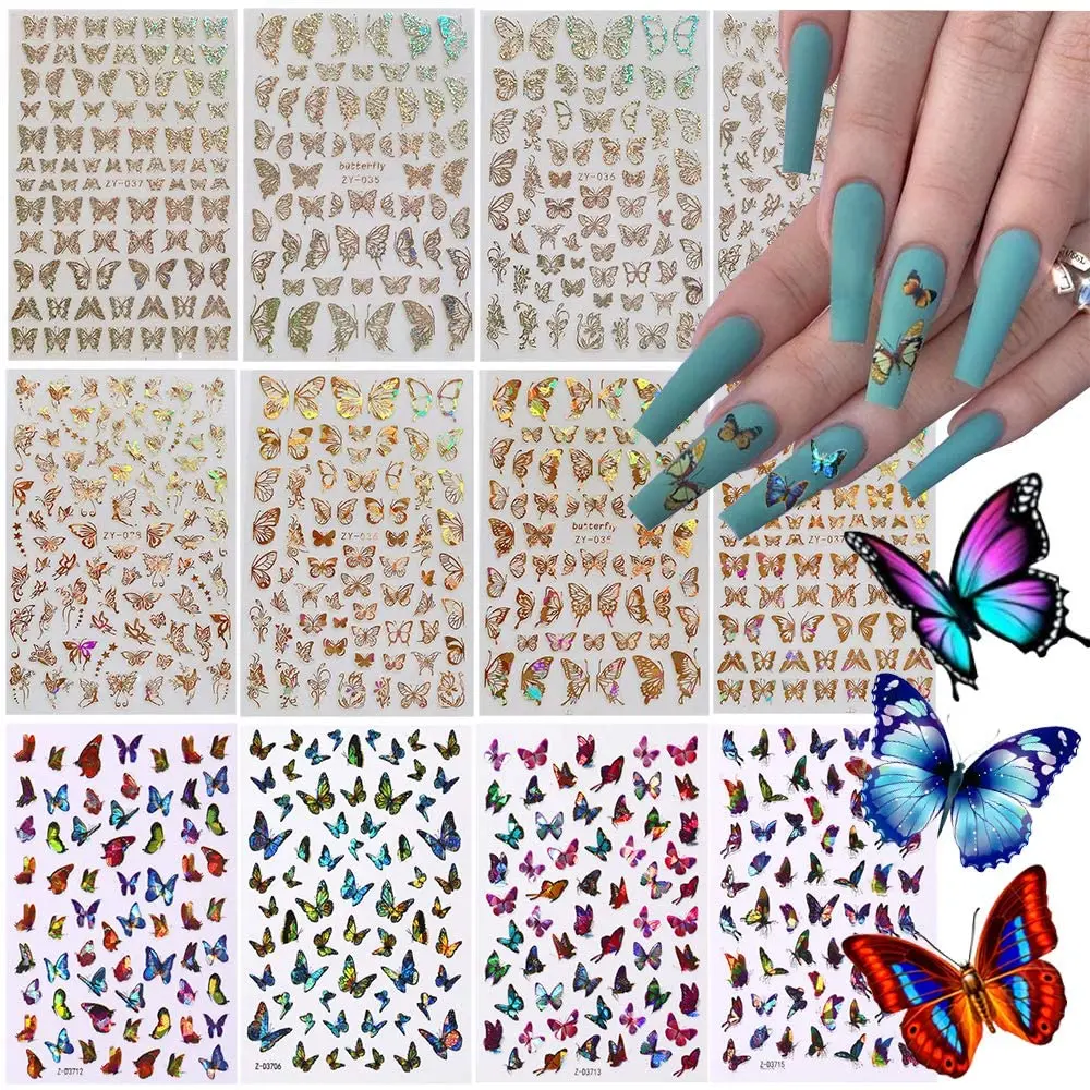 

Laser Gold & Sliver Butterfly Nail Stickers Decals Acrylic Self Adhesive Nail Art Designs for Nail Decoration