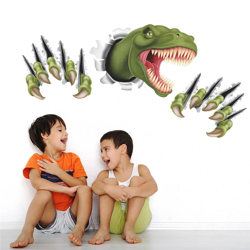 3d Dinosaur Through Wall Sticker For Kids Room Decoration Animal Wall Art Diy Home Decals Creative Removable Peel And Stick