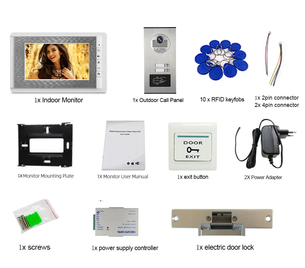 Multi Apartment Video Intercom System Video Door phone RFID access control with 7 Inch Lcd Monitor + Electric Strike Lock