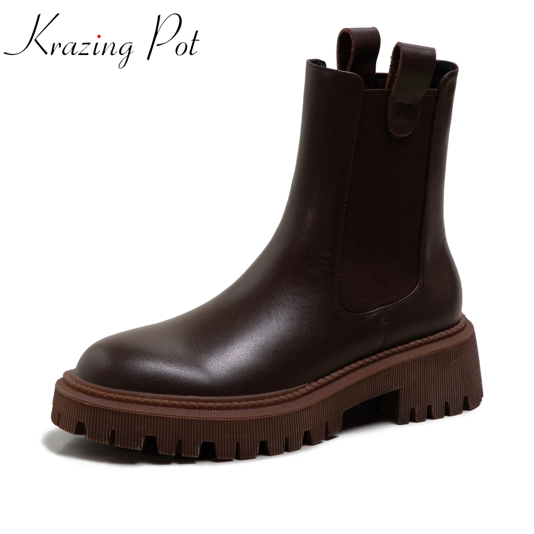 

Krazing Pot Natural Cow Leather Thick Bottom Non-slip Square Toe Slip On Chic Chelsea Boots Med Heels Street Wear Ankle Boots