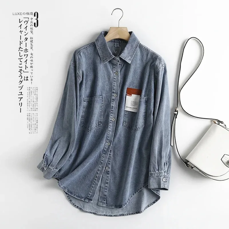 2141 Autumn Retro Denim Blouse Women Long Sleeve Pockets Letter Label Korean Style Tops Female Simple Loose Casual Shirt Ladies