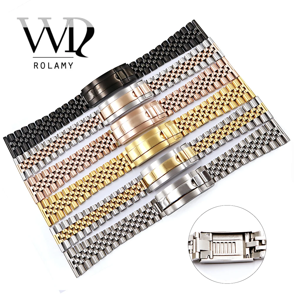 Rolamy 20 22mm Stainless Steel Wrist Watch band Bracelet Glide Lock Clasp For Rolex Omega Tudor Seiko Breitling Oris Orient