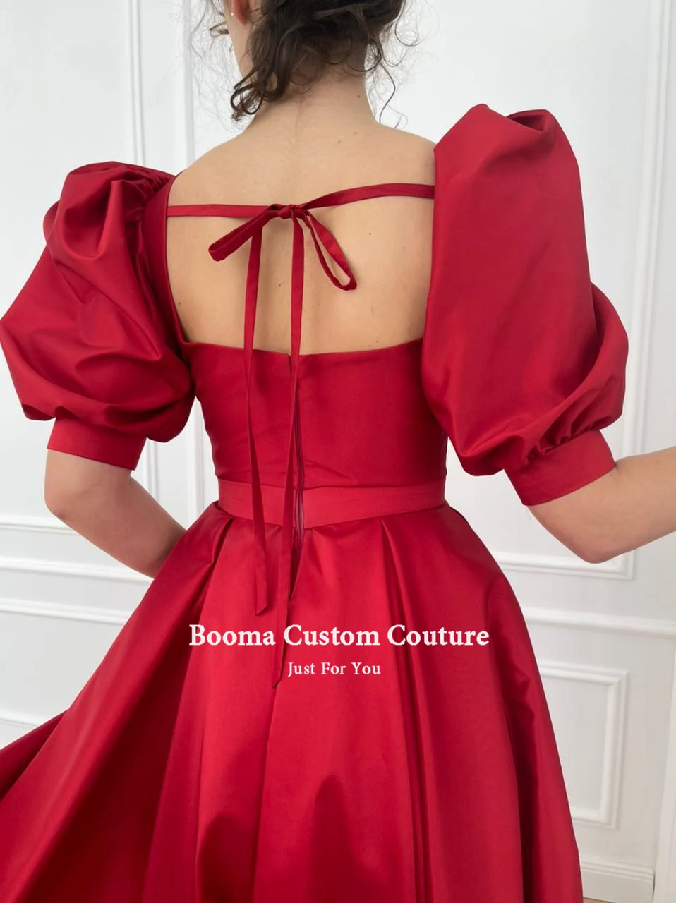 Booma Elegant Red Short Prom Dresses Puff Sleeves Front Slit Buttoned Prom Gowns with Pockets Tea-Length Wedding Party Dresses