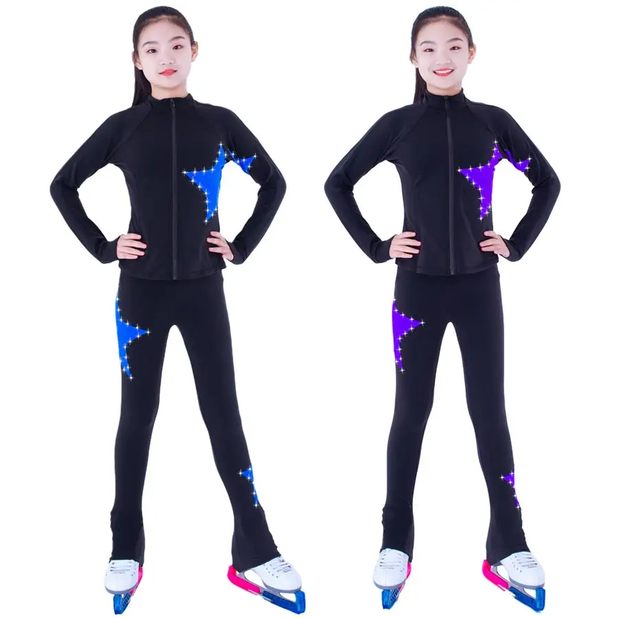 Chaqueta de patinaje sobre hielo para mujer y niña, pantalones negros, adolescentes, niños, entrenamiento de diamantes de imitación de color azul, novedad