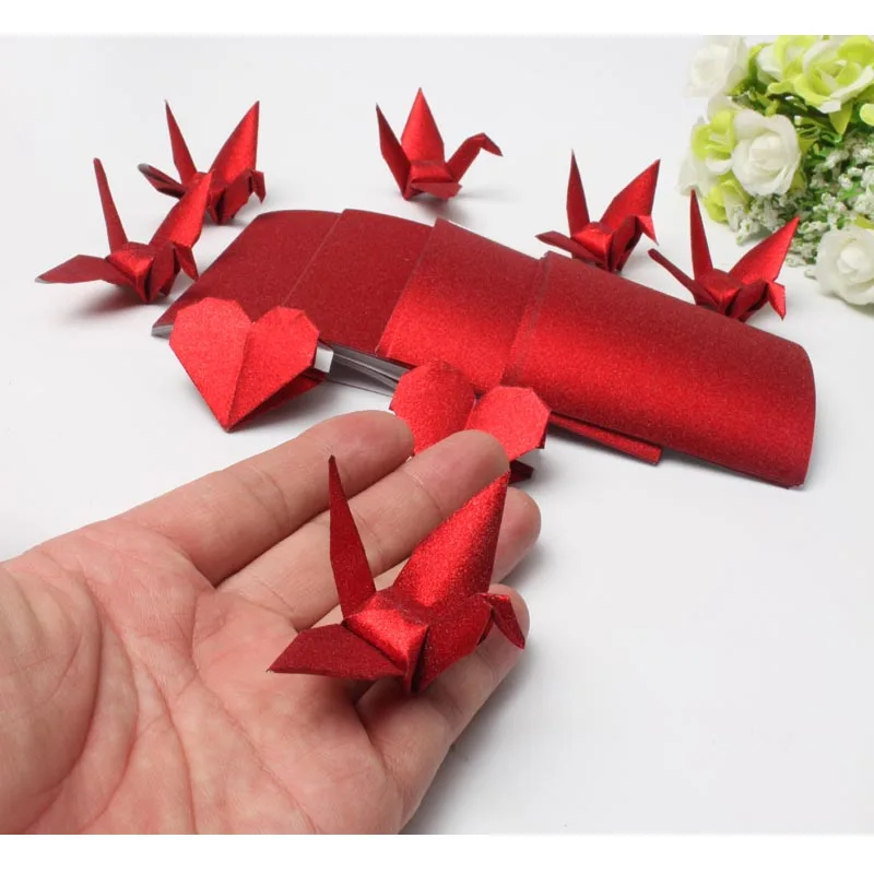 100Pcs Red Glitter Premade Origami Paper Cranes Folded DIY Garlands For Wedding Decoration Birthday Party Valentine's Day Gift