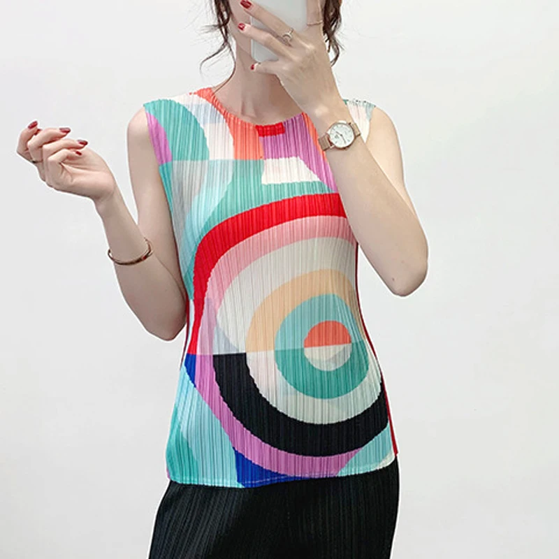 

miyake pleated printed sleeveless women t-shirt 2021 summer new niche slim basic casual thin vest tops for woman