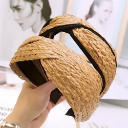 Bohemian Hairband Summer Raffia Straw Weaving Knotted Headband for Women Cross Handmade Hair Hoop Hairband Hair Accessories