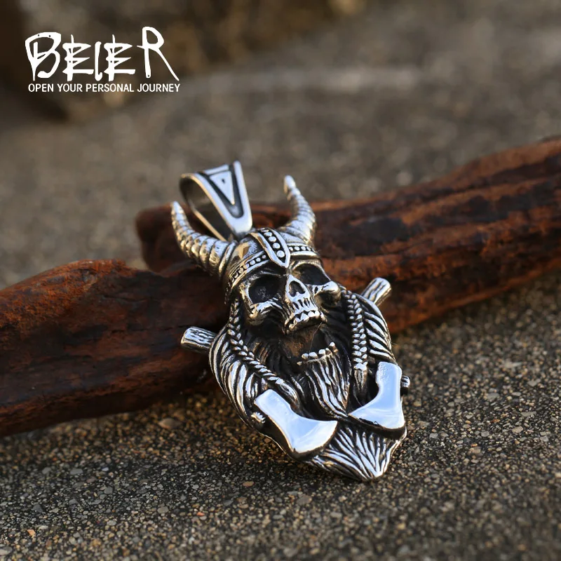 Fashion Vintage Women Men Viking Axe Warrior Skull Nordic Stainless Steel Pendant Chain Necklace Jewelry LHP170