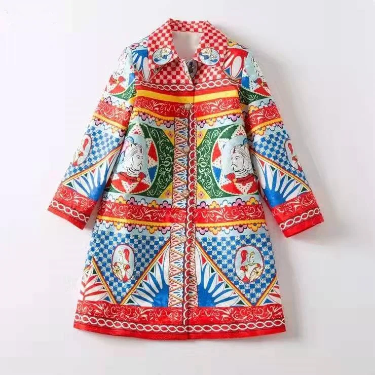 

European and American women's clothing winter 2022 new Long sleeve single breasted button Retro print fashion lapel Trench coat