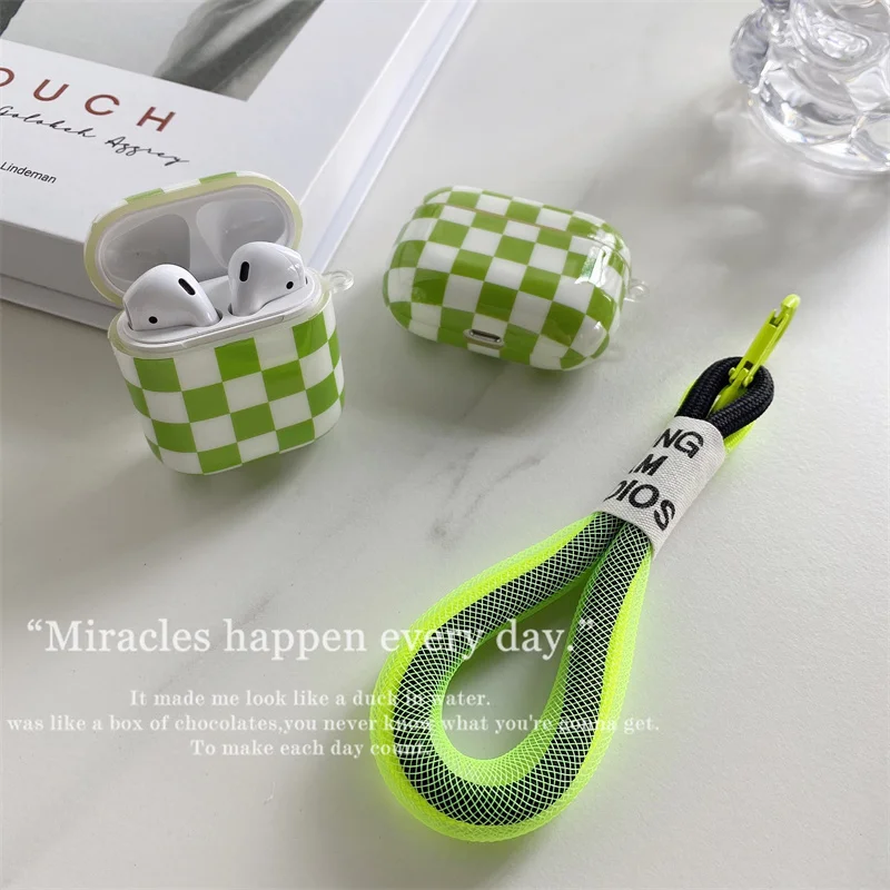 Stylish Green White Checkboard Earphone Case For Airpods1 2 Fluorescent Green Lanyard Headphone Protevtive Cover For Airpods Pro