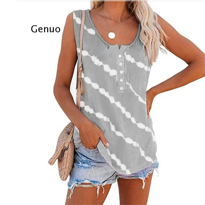 5XL  Tops Women Tie Dye Oblique Striped T Shirt Casual Short Sleeve Loose Oversized Tops Button Ladies Vest Summer 2021