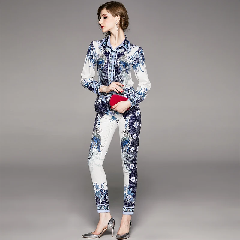 BLLOCUE 2020 Spring Designer Runway Suit Set 2 Piece Set Women Vintage Flower Print Long Sleeve Shirt Blouse+Pencil Pant Suit