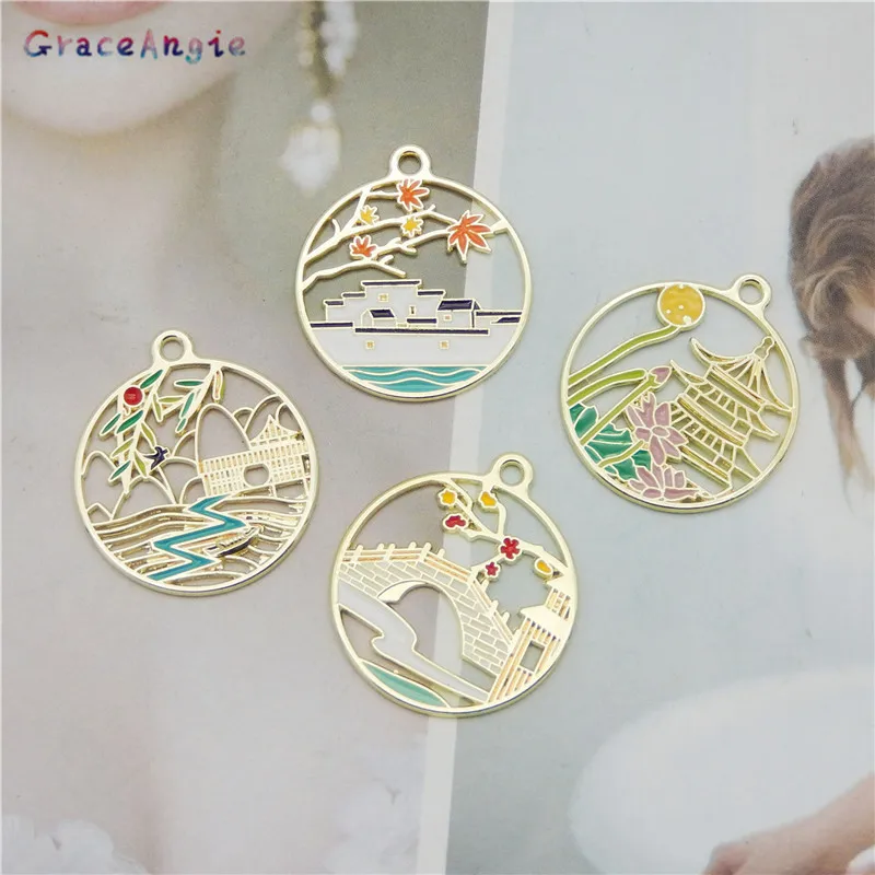 4pcs/pack  Enamel Charms Chinese architecture Scenery Charm Fashion dangle earrings accessories Flower Necklace brooches DIY NEW