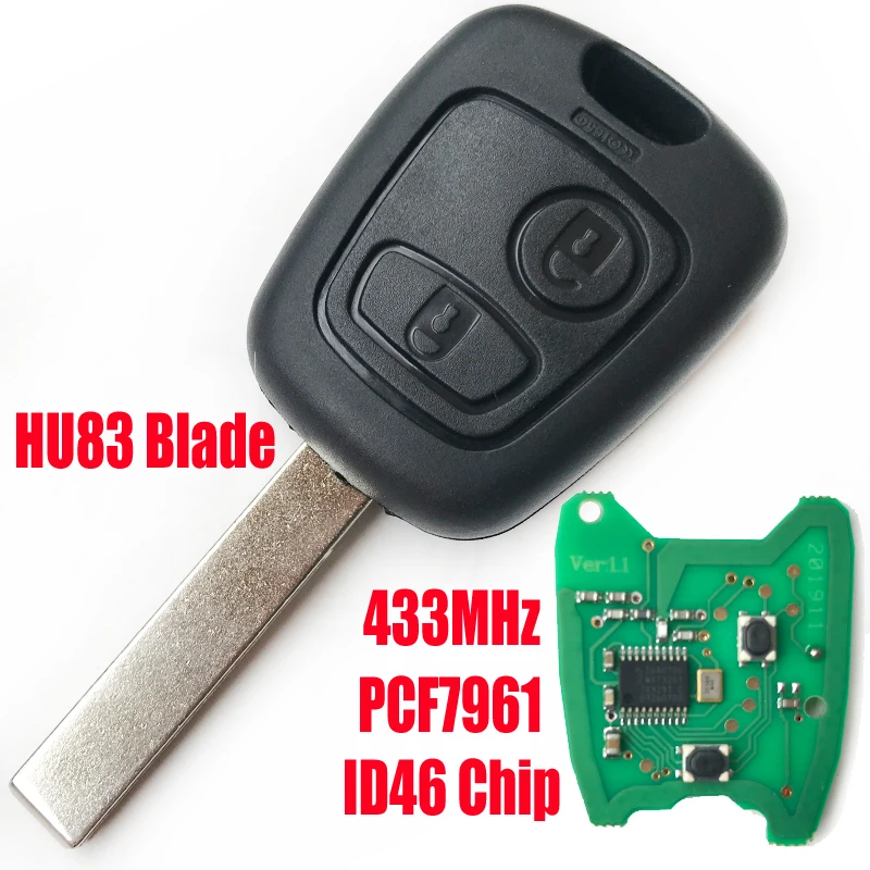 2 Buttons 433Mhz Remote Key For PEUGEOT 307 with ID46 Chip PCF7961 HU83 Blade Car key