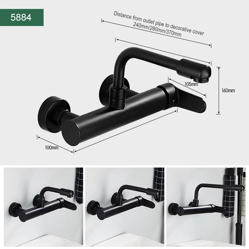 ELLEN Wall Sink Faucet Hot Cold Water Mixer Black Tap Two Holder Wall Mouned Kitchen Faucets ELK5884