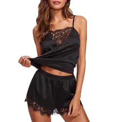 Conjunto de pijama de 2 piezas para mujer, ropa de dormir Sexy con dobladillo de encaje transparente, camisola y pantalones cortos, 2021