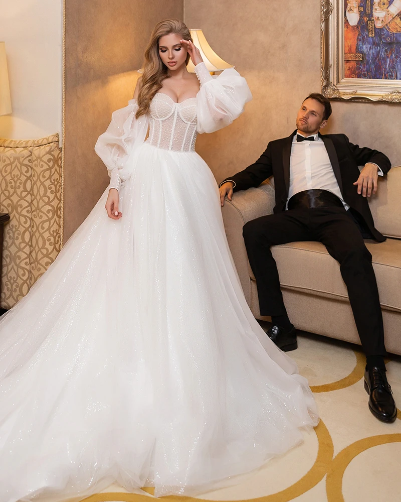 Vestidos de tule de tule a linha vestido de casamento cintas de espaguete elegante abito da sposa mangas destacáveis luxo robe de mariee