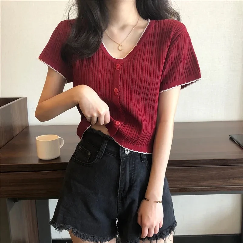 

Summer 2021 New Tops Trend Cute Short T-shirt Women Casual Basics Ice Silk O-collar Short Sleeve Stretch Ladies Student Tshirt