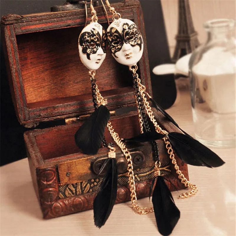 1Pair Vintage Baroque Chain Feather Tassel Mask Ball Improper Face Extra Long Earrings For Women New Fashion Hot