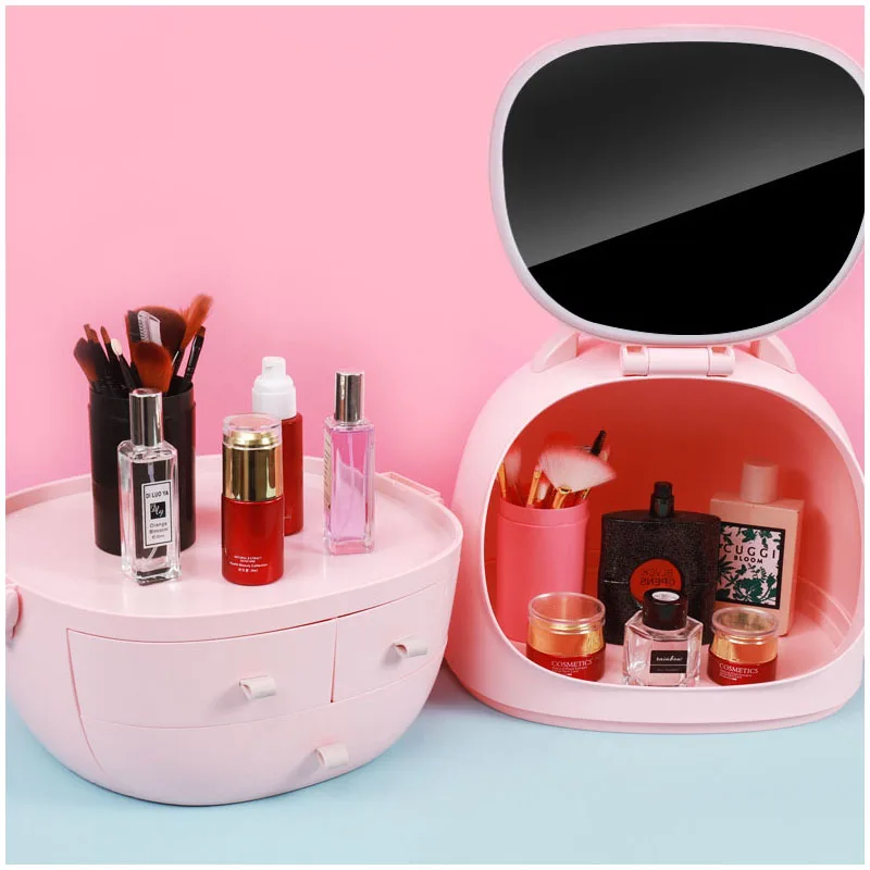 Portable Makeup Bag Pink Beauty Case Pvc Plastic With Light Desktop Vanity Bag High-Capacity Cosmetic Organizer With Mirror Box