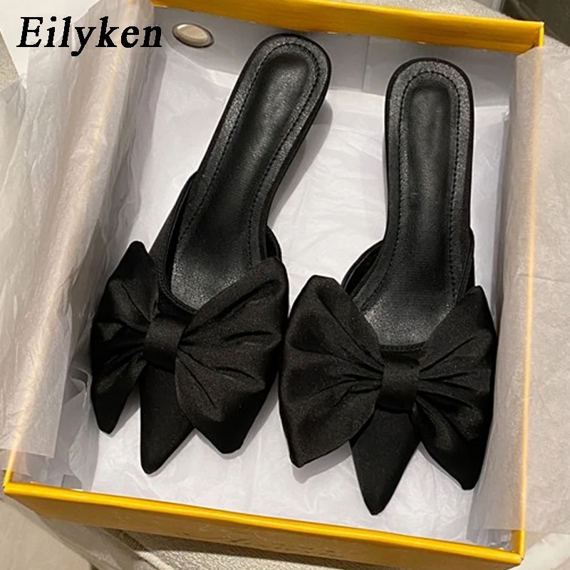 Eilyken New Fashion Butterfly-knot Elegant Dress Pumps Sexy Pointed Toe Shallow Mule Slippers For Women Low Heel  Party Shoes