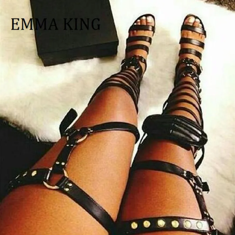 Women Thigh High Gladiator Flat Sandals Boots Golden Leather Over The Knee Boots Vintage Women Shoes Sexy Botas Zapatos de mujer