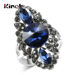 Kinel Brand Fashion Round Blue Stone Ring For Women Silver Color Mosaic Grey Crystal Vintage Wedding Jewelry Luxury Party Ring