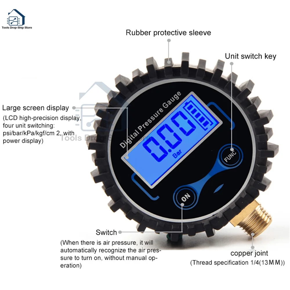 200PSI Air Pressure Gauge Dial Meter Tester Copper Rubber Digital Tire Pressure Gauge Tool for Truck Bike Auto Car Tyre 1/4 13MM