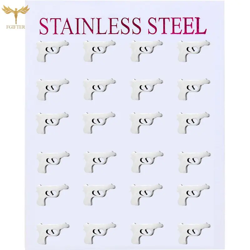 

12 Pairs Boy Men Earrings Stainless Steel Stud Earrings Set Women Girls Accessories Gun Design Hip Hop Punk Jewelry Party Gifts