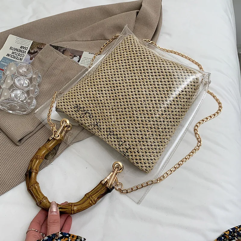 

Bamboo Knot Design Handle Transparent Rattan Straw Crossbody Bags for Women 2021 Summer Fashion Chain Shoulder Handbags Totes