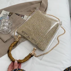 Bamboo Knot Design Handle Transparent Rattan Straw Crossbody Bags for Women 2021 Summer Fashion Chain Shoulder Handbags Totes