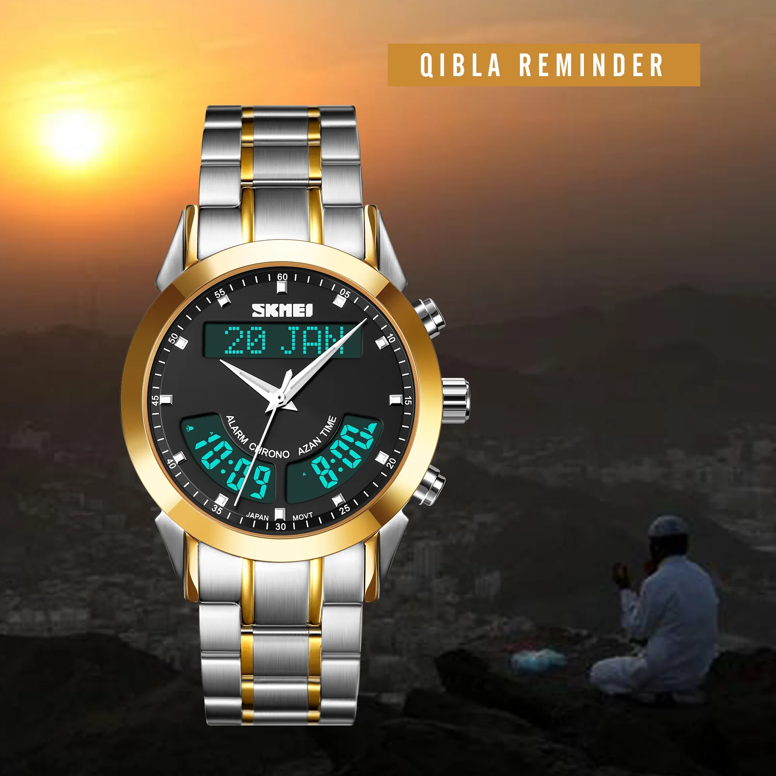 SKMEI New Muslim Azan Watch Prayer Qibla Compass Adhan Alarm Luxury SKMEI Dual Display Digital Quartz Alarm Hijri Calendar