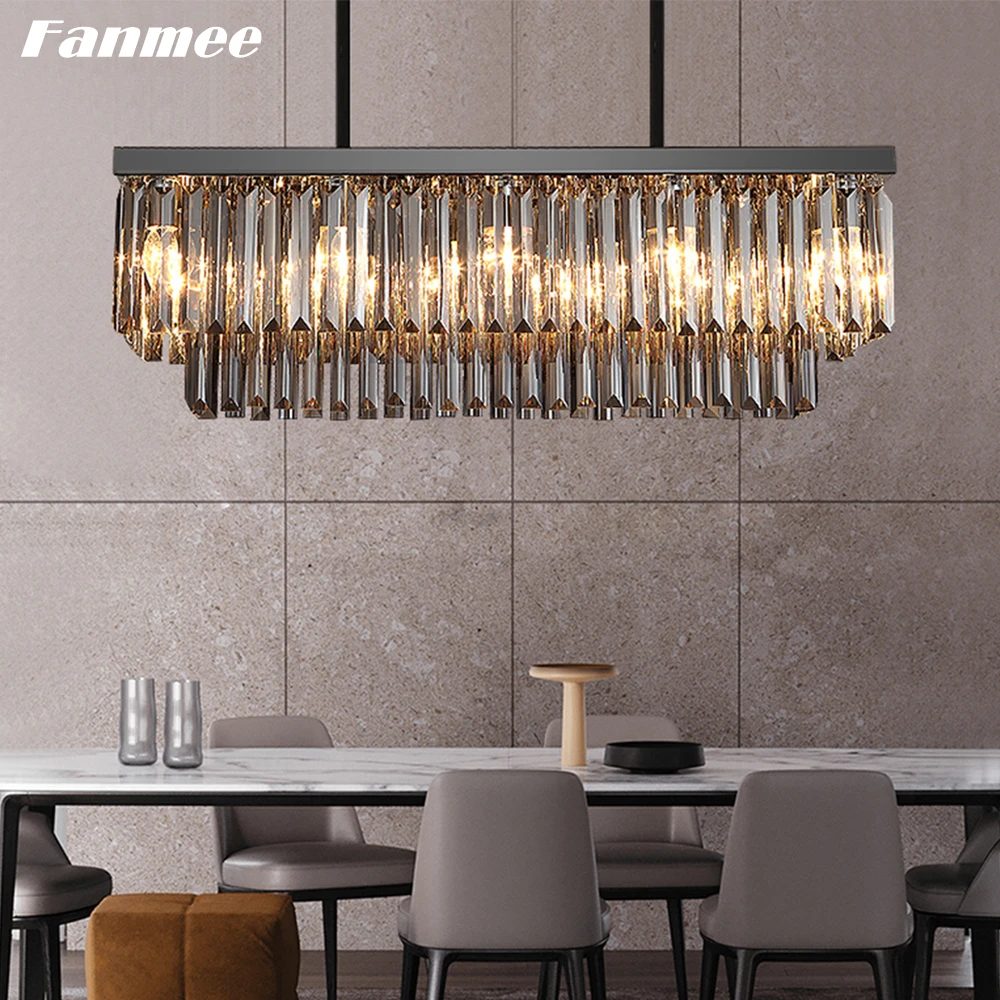 Modern Rectangular Hanging Lamp LED Amber Crystal Ceiling Chandelier Lights Home Decor Indoor Lighting for Dining Room Kitchen