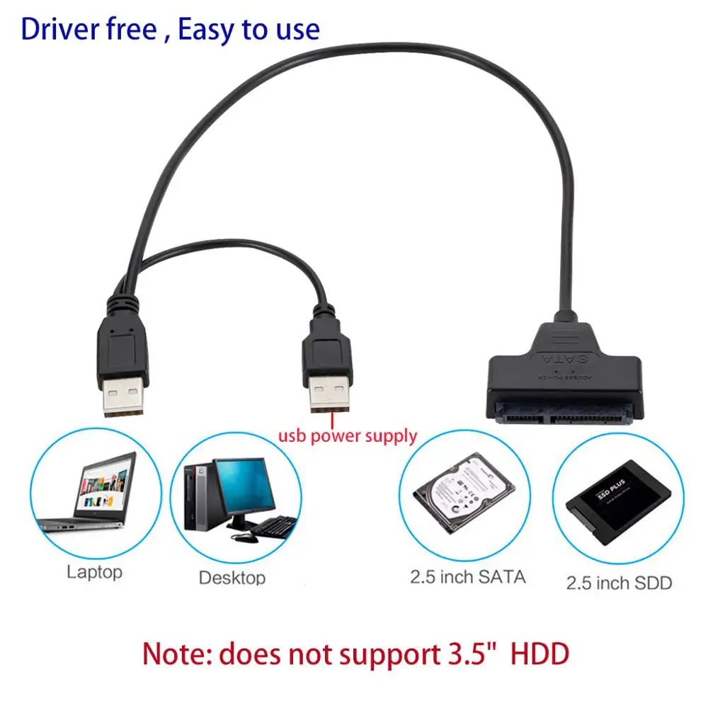 Grwibeou USB to Sata USB 2.0, SATA SSD 및 HDD 어댑터, USB 2.0 전원 공급 장치, 7 + 15 핀 SATA 하드 드라이브 케이블 어댑터, 2.5 인치 HDD