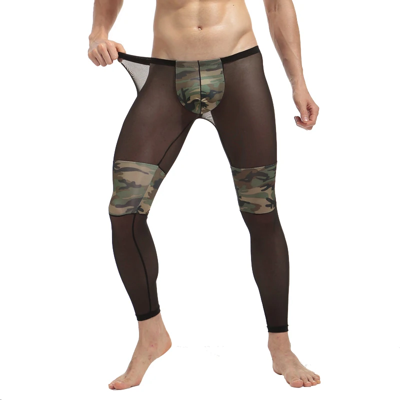 

Sexy Gay Mesh Transparent Long Johns Men's Brand Underwear Homme Camouflage Leggings Bottoms Polyester&Spandex Lounge Tights