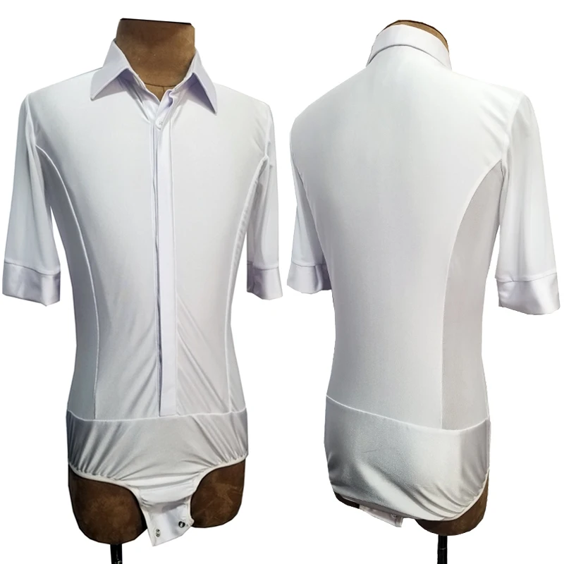 Camicie da competizione di ballo latino bianco camicie da uomo a mezza manica per adulti abiti da uomo Cha Cah Rumba Dance Wear Stage Costume DNV14714