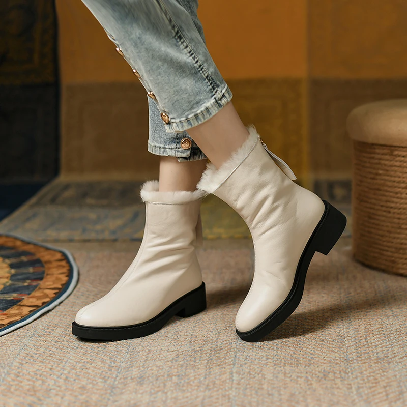 2021 New Genuine Leather Thick Fur Snow Boots Women Winter Shoes Round Toe Zip Square Low Heels Casual Shoes Women Ankle Boots