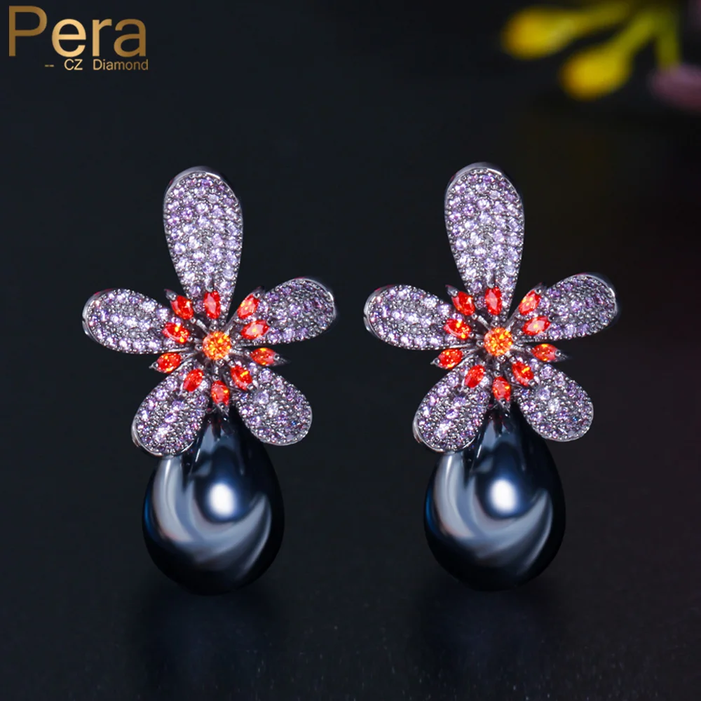 Pera Splendid Big Purple Red Stamen CZ Zircon Brazil Dangle Black Gun Pearl Earring Anniversary Jewelry Gift for Girlfriend E726