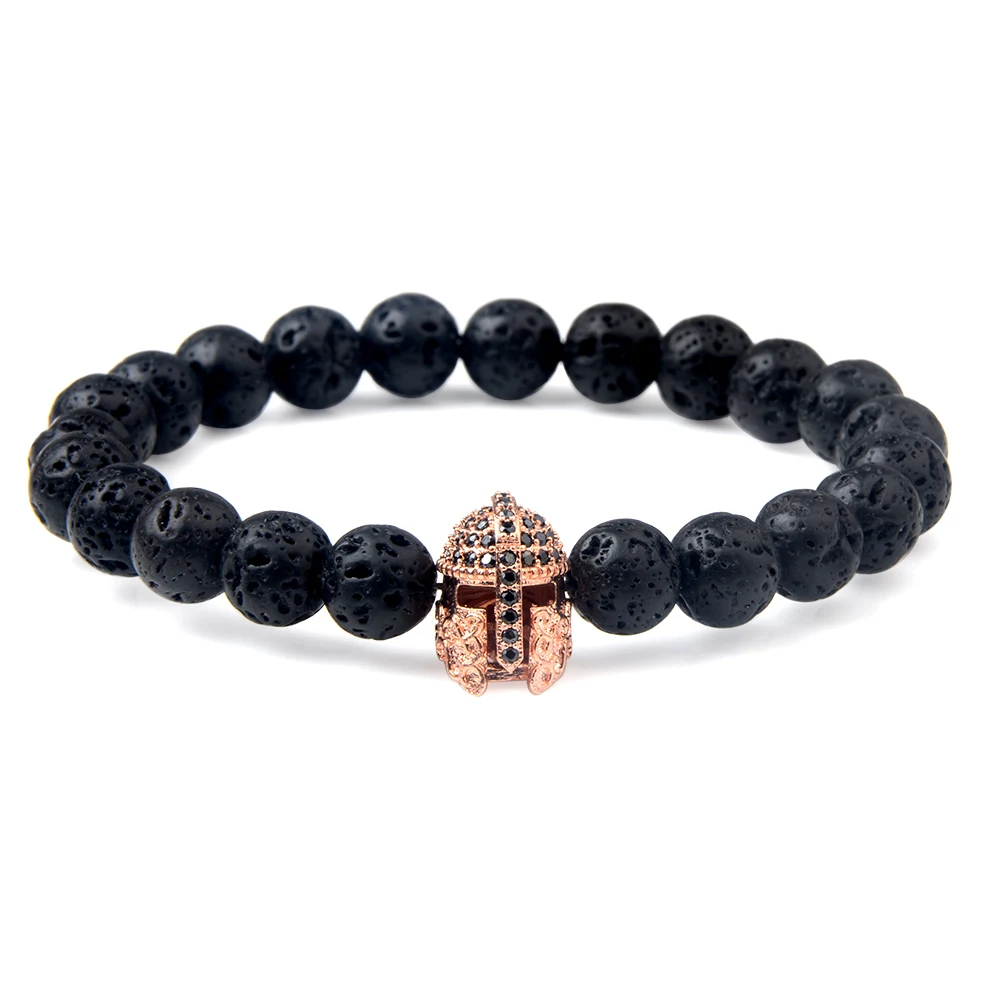 

Natural Stone Black Lava Beads Bracelet Spartan Warrior Gladiator Helmet Fashion Punk Style Bracelets For Women Men Jewelry