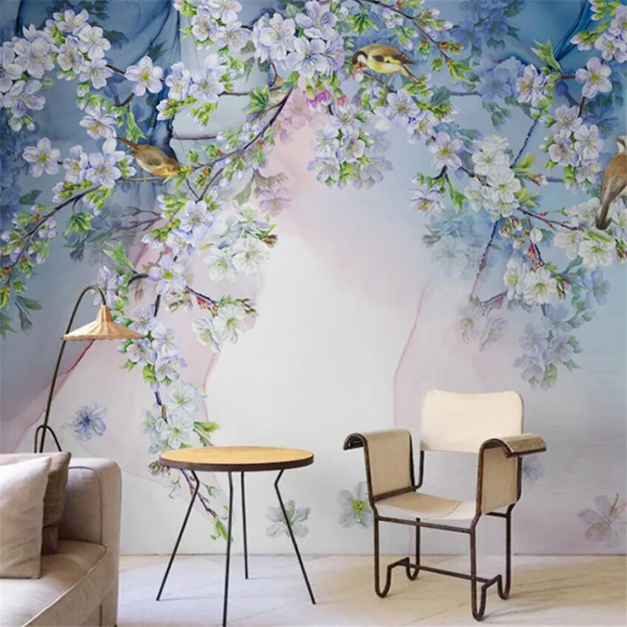 

Milofi custom 3D wallpaper mural landscape elegant hand-painted flowers and birds light luxury sofa background wallpaper wall