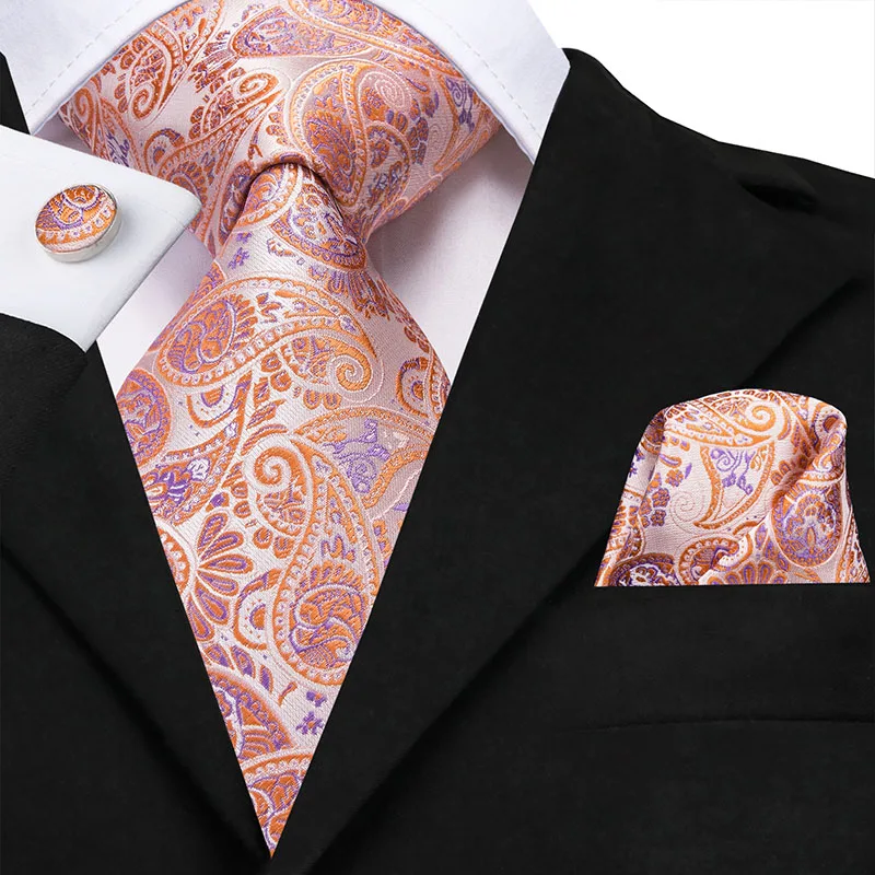 Hi-Tie-Conjunto de abotoaduras de pêssego clássico masculino, gravatas monocromáticas de paisley, coral rosa vermelho pêssego, quadrado de bolso, 100% seda