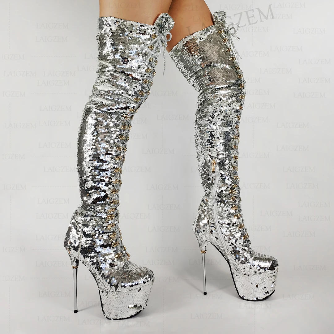 

LAIGZEM Sequined Women Over Knee High Platform Boots Bling Metal Stiletto High Heels Boots Dance Shoes Woman Big Size 33 39 43