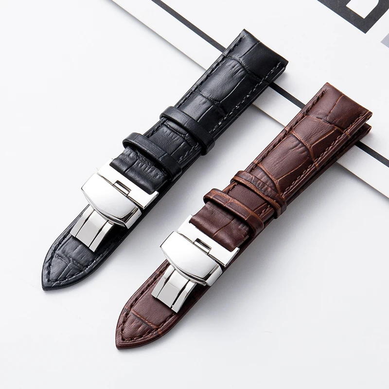 16 18 19 20 21 22 mm Women Men Watch Band Strap Butterfly Pattern Deployant Clasp Buckle+Genuine Leather Watchband Correas de re