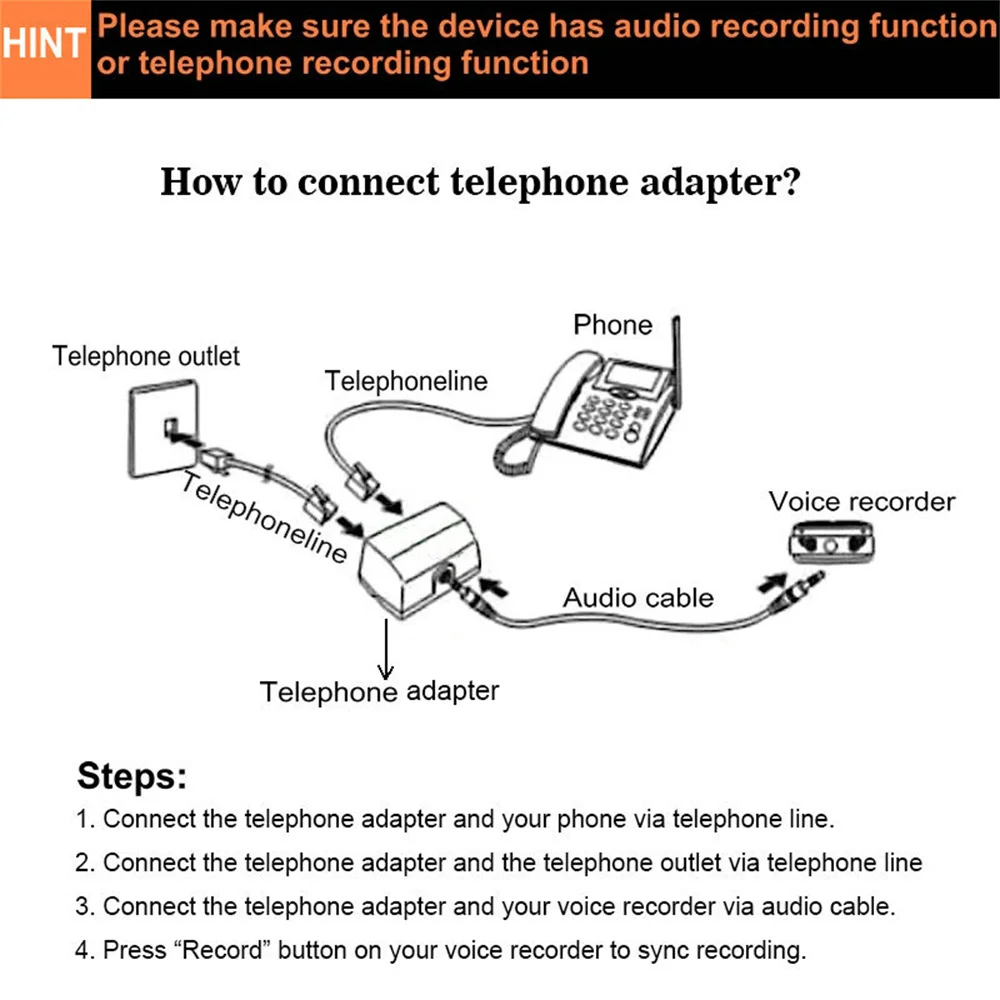 Telephone Adapter For Digital Voice Recorder Telephone Line Audio Cable Line-in Cable Support 3.5mm MIC Interface