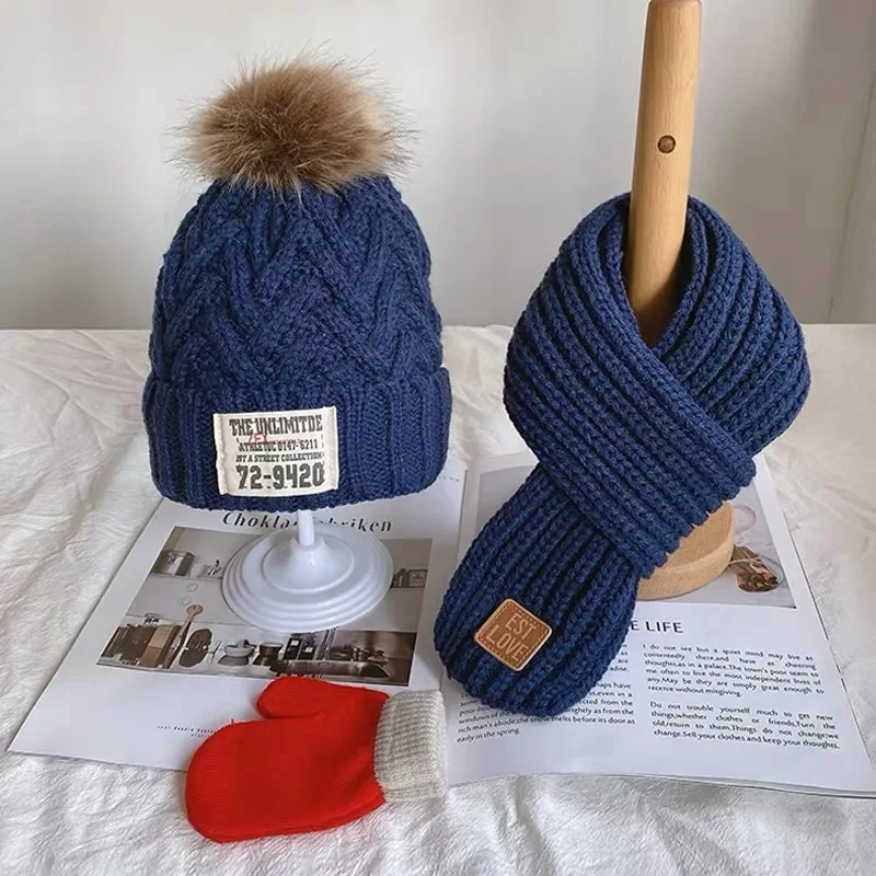 Gorro de lana de tres piezas para niños y niñas, bufanda cálida, guantes combinados, puente de bebé, gorro de punto, invierno y otoño